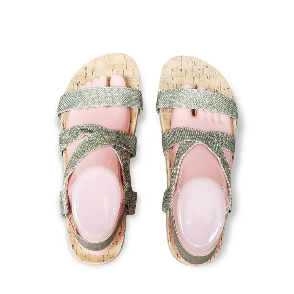White Mountain Cork Silver & Gold Elastic Strap Open Toe Sandals Shoes  Size 9.5